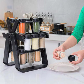 Set de 18 Pots à Épices avec Support Rotatif Noir