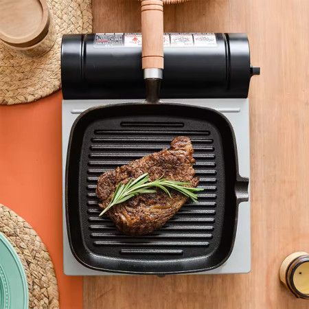 Poêle à Griller en Fonte, Poêle à Steak de 24cm  avec Poignée en Bois