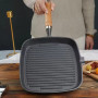 Poêle à Griller en Fonte, Poêle à Steak de 24cm  avec Poignée en Bois