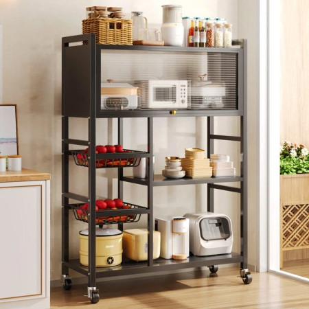 Chariot Étagère Cuisine sur Roulettes avec Vitrine Transparente – Rangement