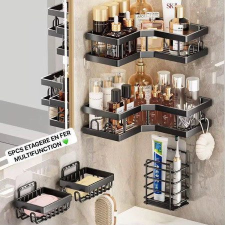 Étagère de salle de bain 5 pièces, support de douche d'angle auto-adhésif