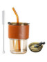 Gobelet en verre avec couvercle et paille, tasses en verre réutilisables et étanches avec bande en cuir- 400 ML